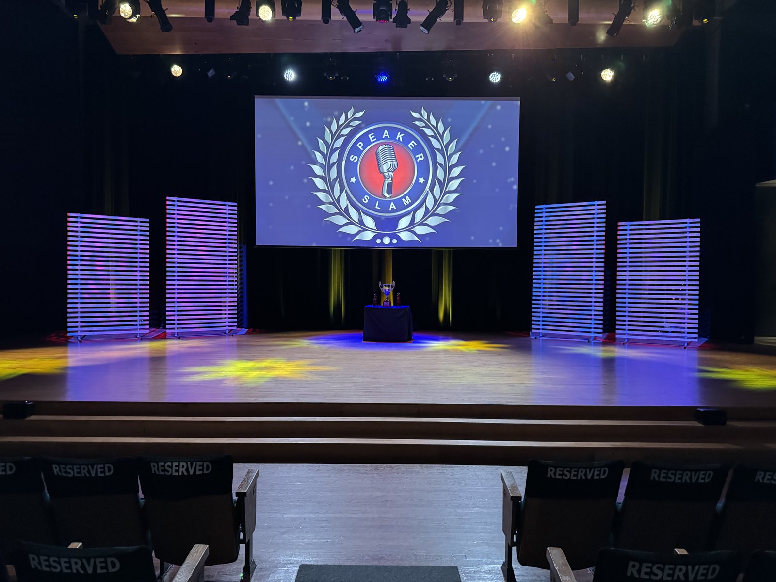 The Speaker Slam&reg; stage set at CBC Glenn Gould Studio in Toronto, with the trophy centre stage