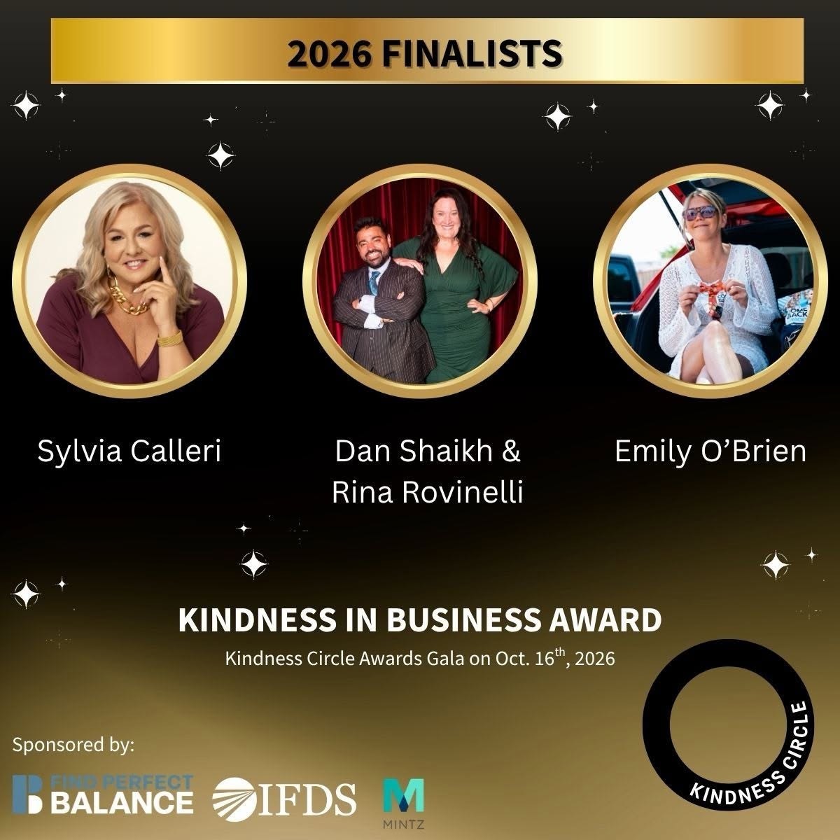 2026 Kindness in Business Award finalists: Sylvia Calleri, Dan Shaikh and Rina Rovinelli, Emily O'Brien