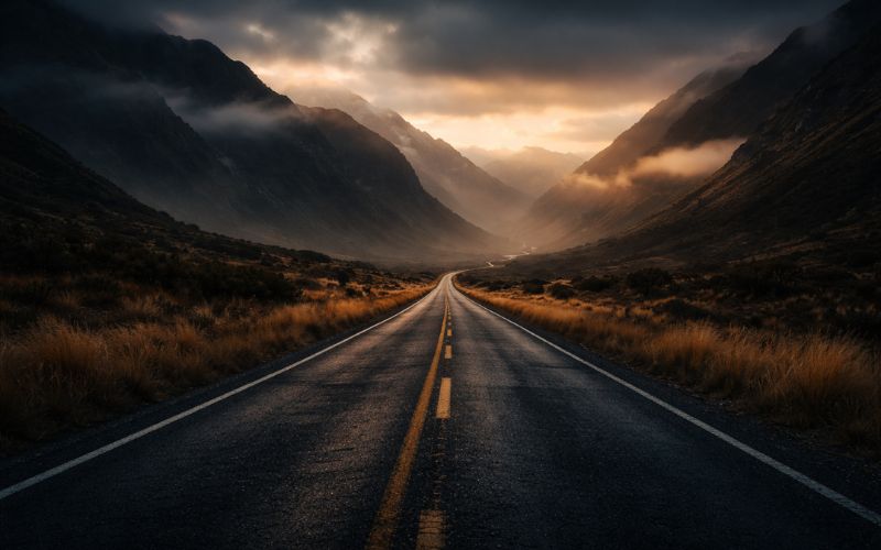 A winding road stretching into the distance through dramatic landscape